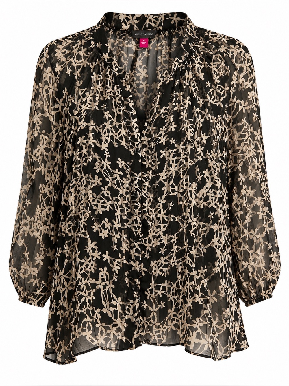 Vince Camuto Black Floral Sheer Round Neck